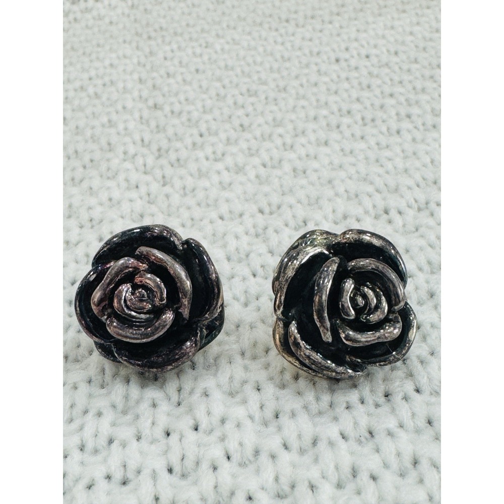 Vintage 925 Sterling Silver Sculptural Rose Flower Stud Earrings Botanical